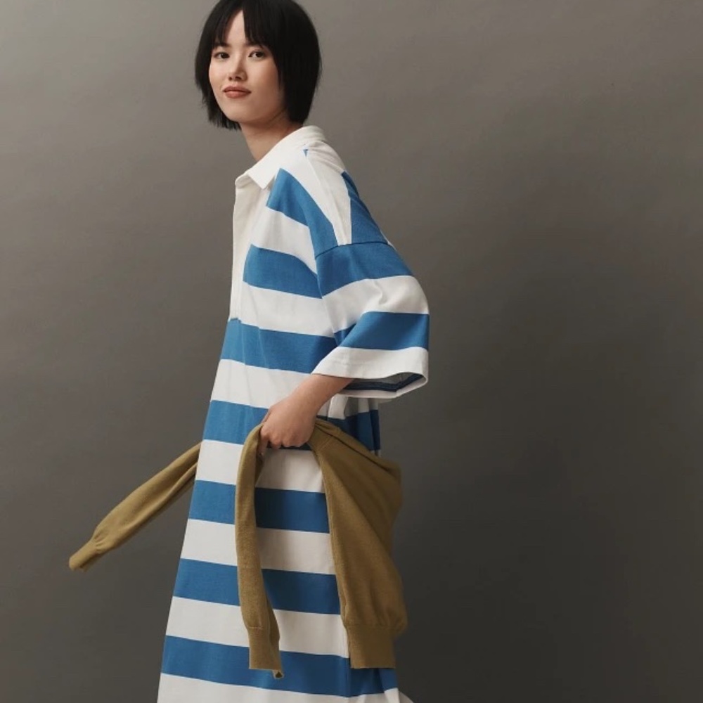 Anthropologie Oversized Blue Striped Rugby Maxi Dress S Bust 48"